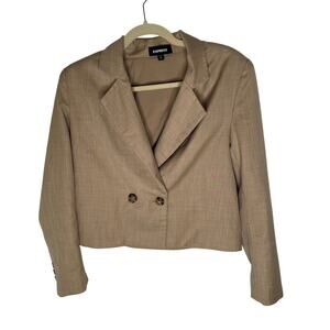 Express Cropped Double Breasted Crosshatch Blazer Tan Size XS